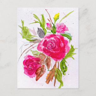 Watercolor bouquet of red garden roses holiday postcard