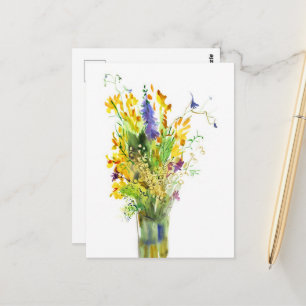 Watercolor bouquet of summer flowers postcard