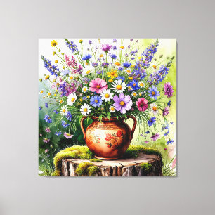 Watercolor Bouquet of Wildflowers in vase Canvas Print
