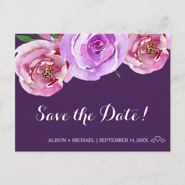 Watercolor bouquet peonies plum wedding save date announcement postcard (Front)