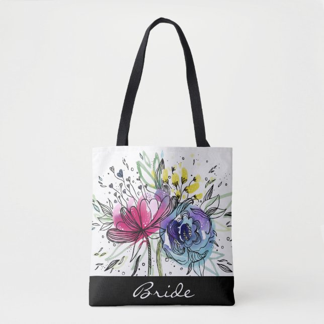 Watercolor Bouquet personalised tote bag. (Front)