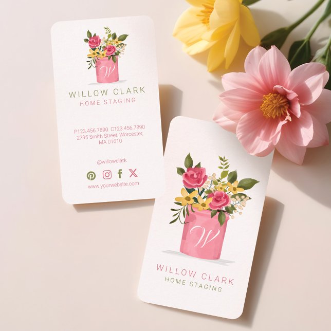 Watercolor Bouquet Potted Floral Roses Monogram Business Card (Watercolor Bouquet Potted Floral Roses Monogram Business Card)
