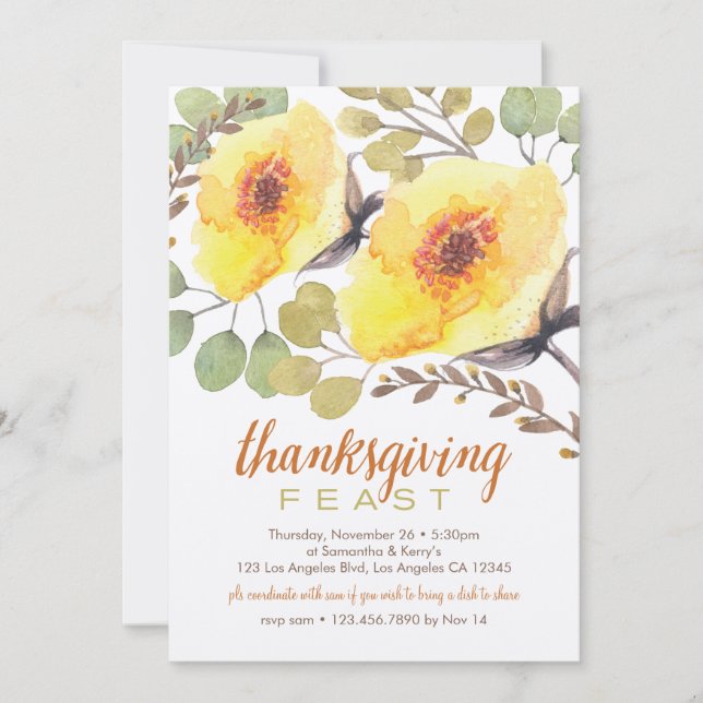 Watercolor Bouquet Thanksgiving Feast Invitation (Front)