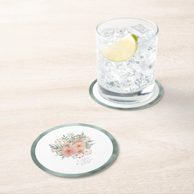 Watercolor Bouquet Wedding Blush ID654 Round Paper Coaster (Insitu)