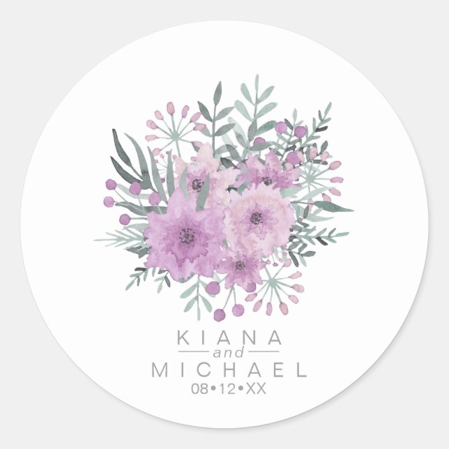 Watercolor Bouquet Wedding Lilac ID654 Classic Round Sticker (Front)