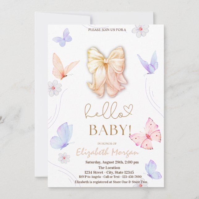 Watercolor Bow Butterflies Polk Dots Baby Shower  Invitation (Front)