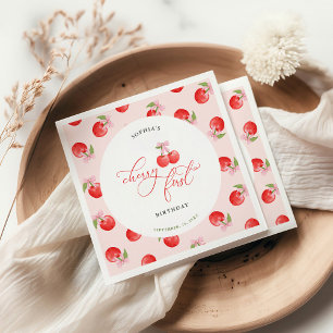 Watercolor Bow Cherry First 1st Birthday Napkin