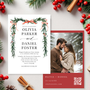 Watercolor Bow Christmas Photo QR Code Wedding Invitation