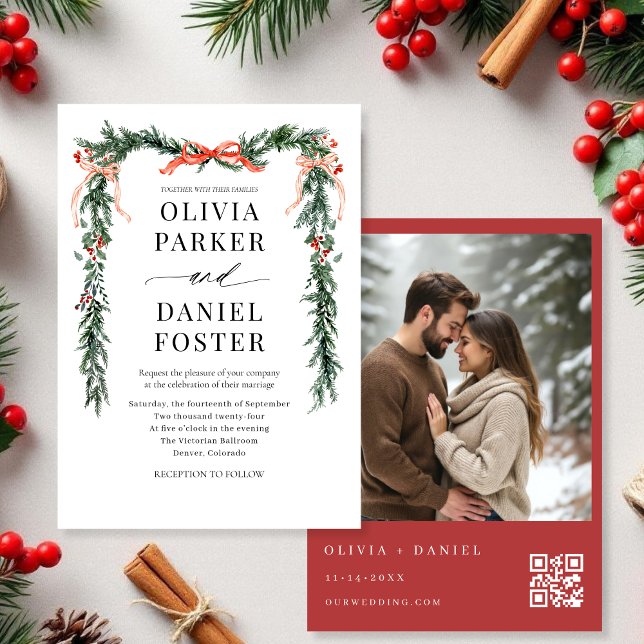Watercolor Bow Christmas Photo QR Code Wedding Invitation (Creator Uploaded)