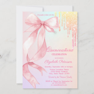 Watercolor Bow Glitter Drips Colorful Quinceañera Invitation