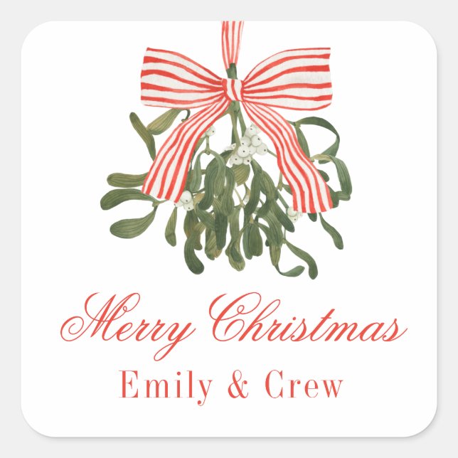 Watercolor Bow Mistletoe Christmas Square Sticker (Front)