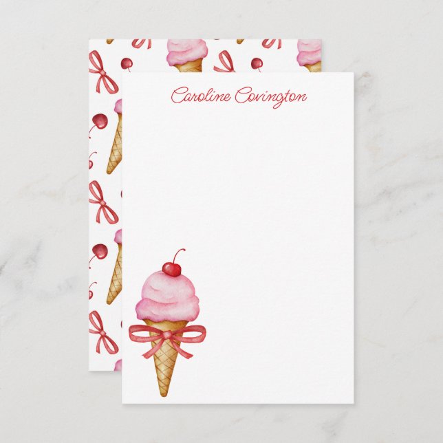 Watercolor Bow Pink Ice Cream Cone Thank You Card (Front/Back)