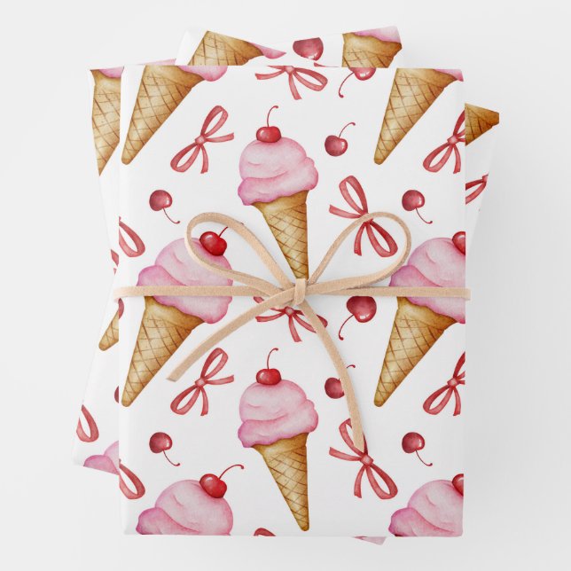Watercolor Bow Pink Ice Cream Cone Wrapping Paper Sheet (In situ)