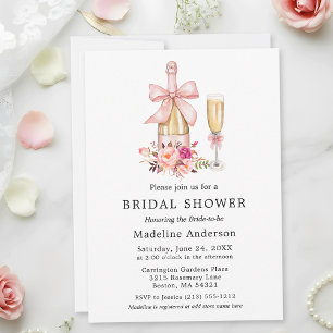 Watercolor Bow Pink Roses Bridal Shower Invitation