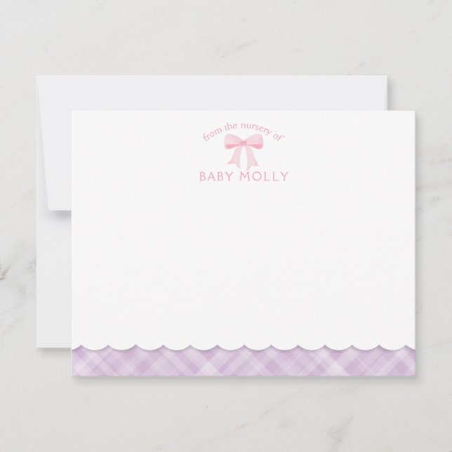 Watercolor Bow Preppy Pink Lavender Plaid New Baby Card (Front)