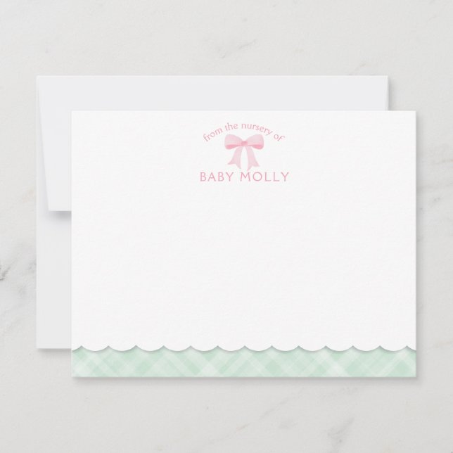Watercolor Bow Preppy Pink Mint Plaid New Baby Card (Front)