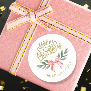 Watercolor Bow Script Gold Merry Christmas  Classic Round Sticker