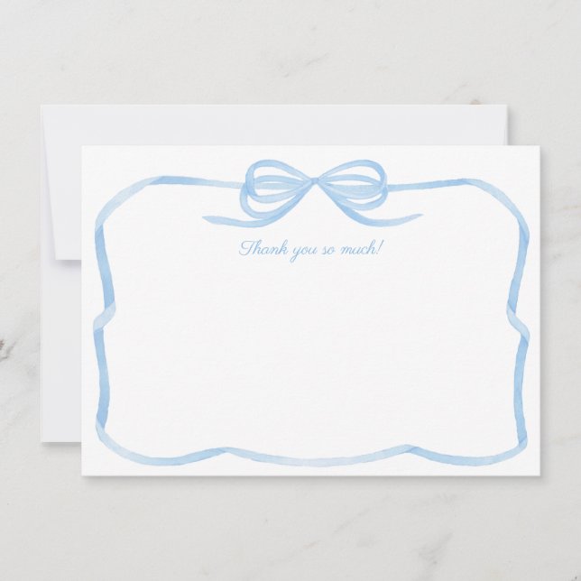 Watercolor Bow Something Blue Bridal Shower Thank You Card (Front)