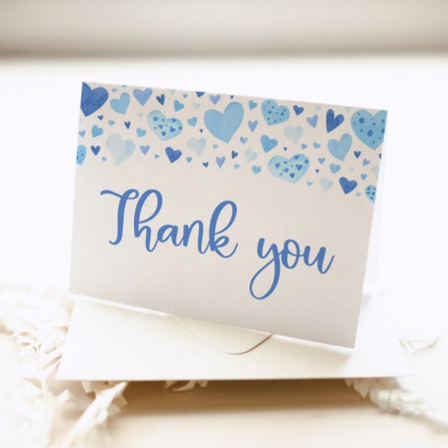 Watercolor Boy Blue Hearts Valentine Sweetheart Thank You Card (Creator Uploaded)