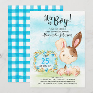 Watercolor Boy Bunny Baby Shower Farm Invitation