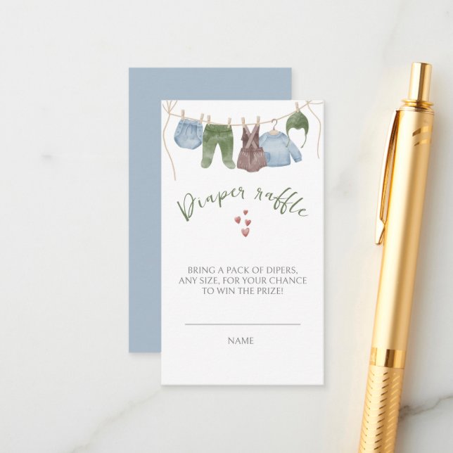 Watercolor Boy Clothes Baby Shower Diper Raffle Enclosure Card (Front/Back In Situ)