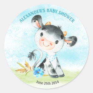 Watercolor Boy Cow Baby Shower Farm Classic Round Sticker