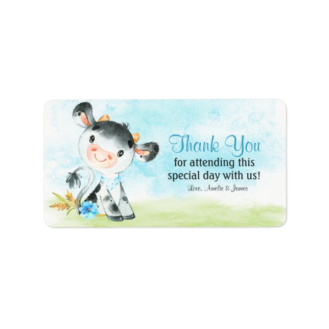 Watercolor Boy Cow Baby Shower Farm Thank You Label (Front)