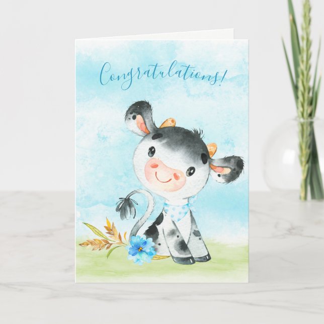 Watercolor Boy Cow Farm Congratulations Card (Front)