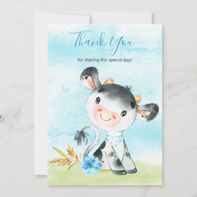 Watercolor Boy Cow Farm Thank You Card (Front)