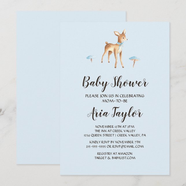 Watercolor Boy Deer with Mushrooms Baby Shower Invitation (Front/Back)