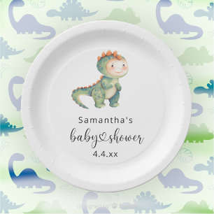 Watercolor boy dinosaur baby shower paper plate