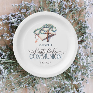 Watercolor Boy First Holy Communion  Paper Plate