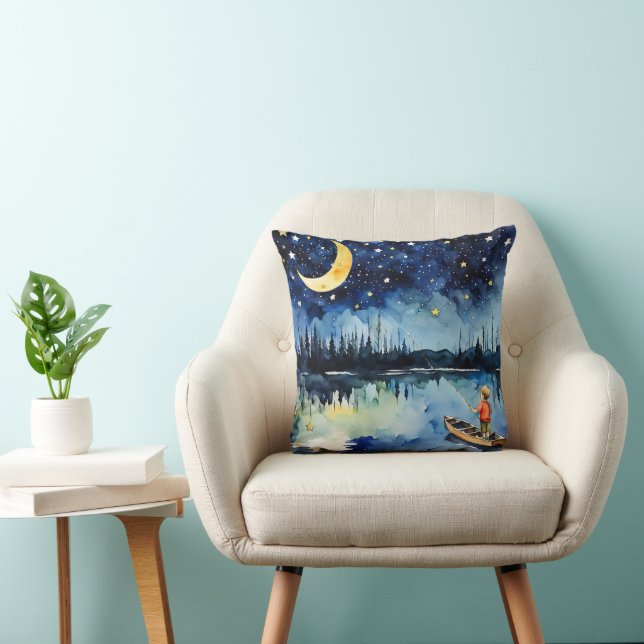 Watercolor Boy Fishing At Night Cushion (Chair)
