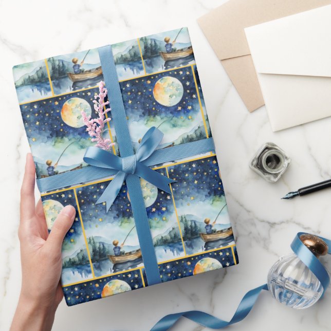Watercolor Boy Fishing At Night Wrapping Paper (Gifting)