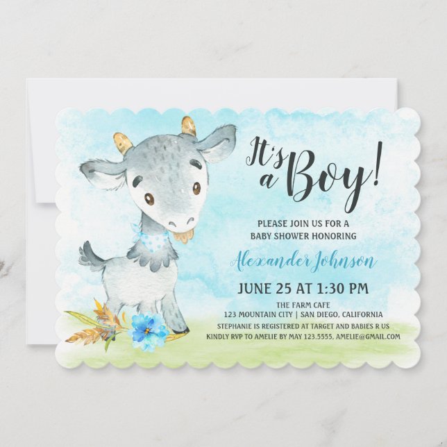 Watercolor Boy Goat Baby Shower Farm Invitation (Front)