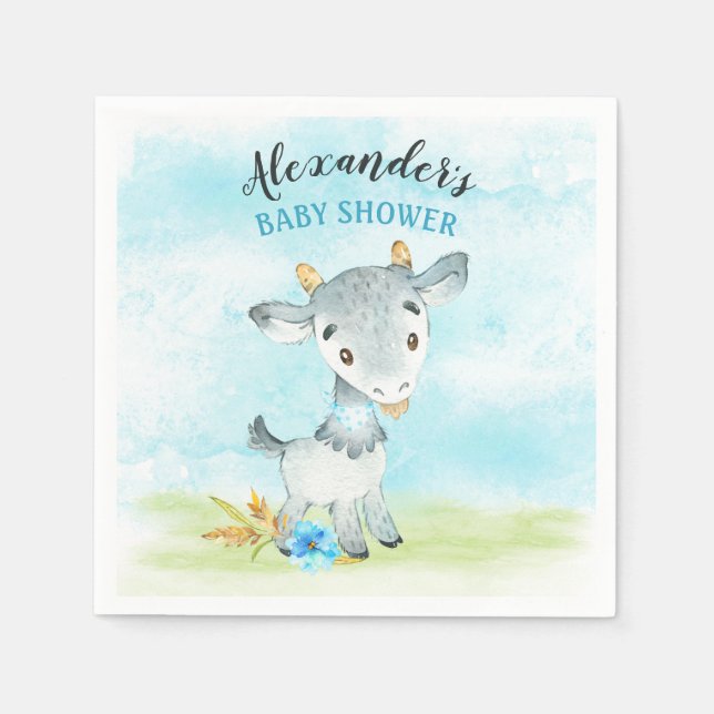 Watercolor Boy Goat Baby Shower Farm Napkin (Front)