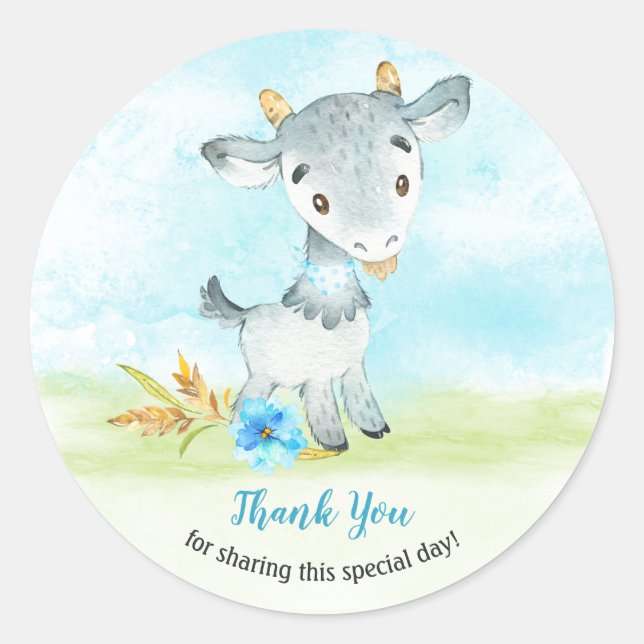 Watercolor Boy Goat Farm Thank You Classic Round Sticker (Front)