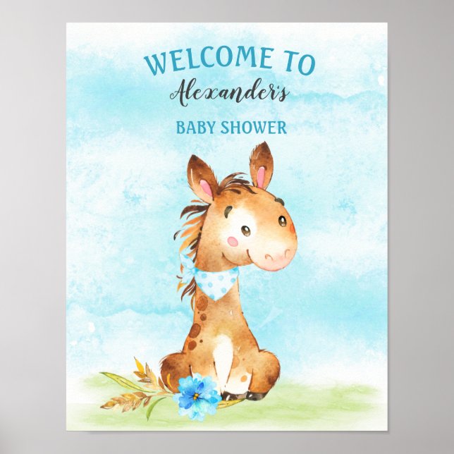 Watercolor Boy Horse Baby Shower Farm Poster (Front)