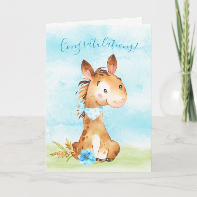 Watercolor Boy Horse Farm Congratulations Card (Front)