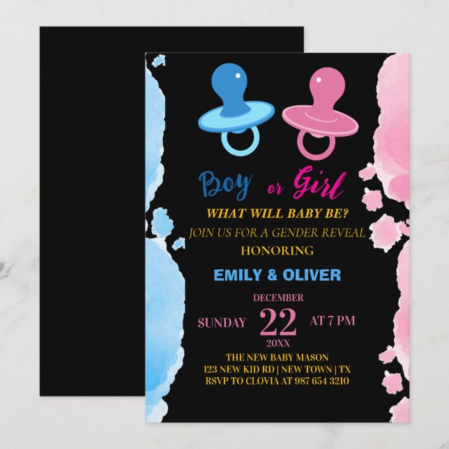 Watercolor boy of girl gender reveal invitation (Front/Back)