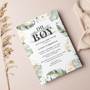 Watercolor Boy Palm Giraffe Safari Baby Shower Invitation
