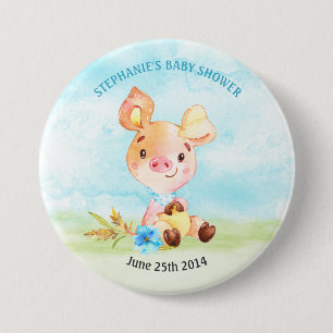Watercolor Boy Piggy Baby Shower Farm 7.5 Cm Round Badge