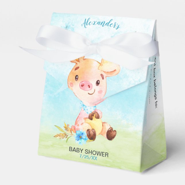 Watercolor Boy Piggy Baby Shower Farm Favour Box (Front Side)