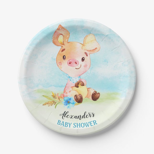 Watercolor Boy Piggy Baby Shower Farm Paper Plate (Front)
