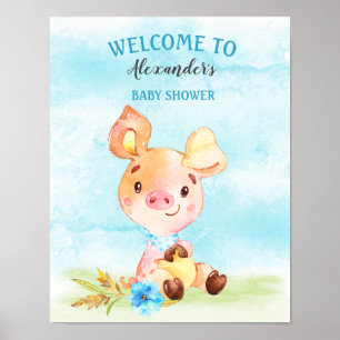 Watercolor Boy Piggy Baby Shower Farm Poster