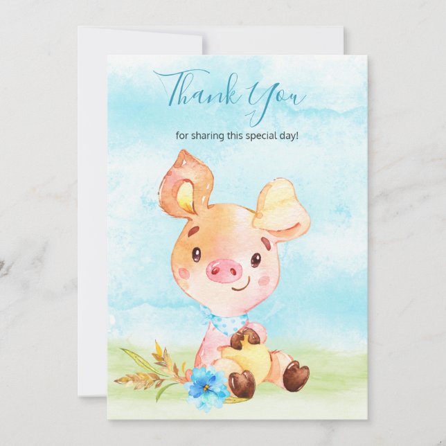 Watercolor Boy Piggy Farm Thank You Card (Front)
