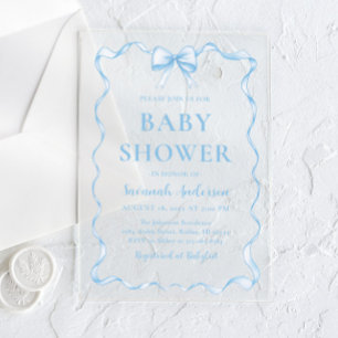 Watercolor Boy Ribbon Dusty Blue Bow Baby Shower Acrylic Invitations