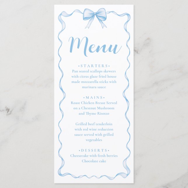 Watercolor Boy Ribbon Dusty Blue Bow Baby Shower Menu (Front)