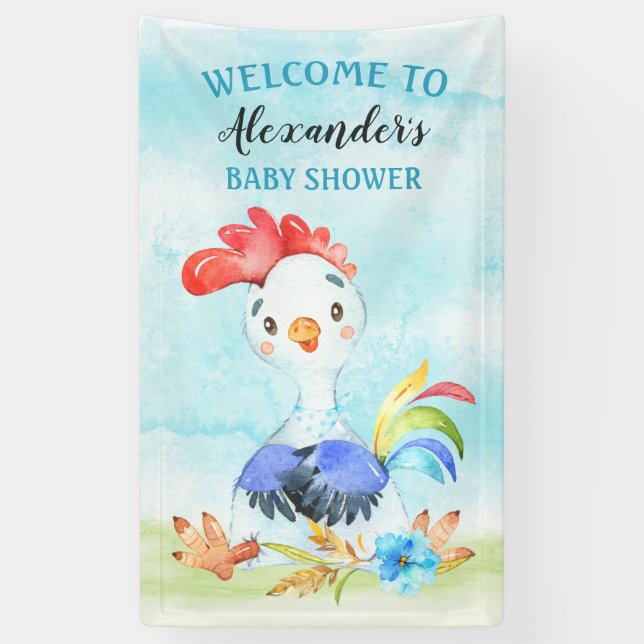 Watercolor Boy Rooster Baby Shower Farm Banner (Vertical)