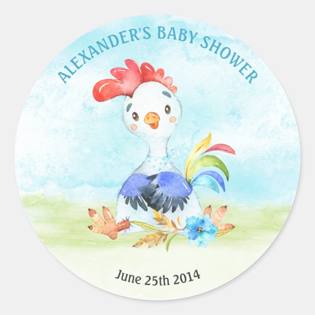 Watercolor Boy Rooster Baby Shower Farm Classic Round Sticker (Front)